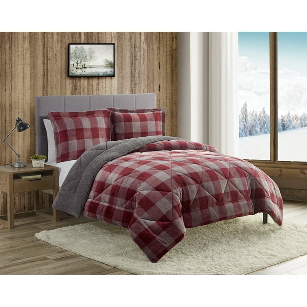 Buffalo Check Burgundy Ultra PlushSherpa 3 PC Comforter Bedding Set