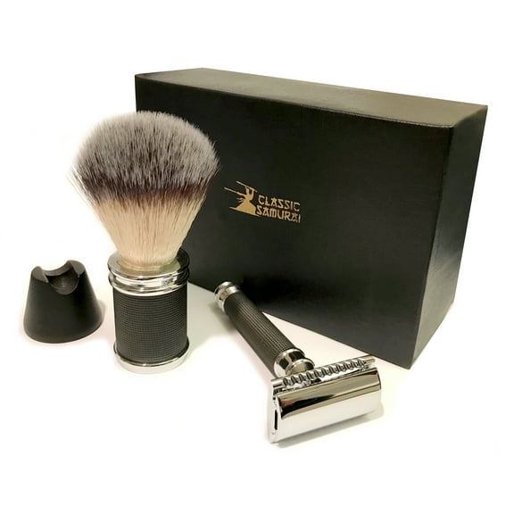 Classic Samurai Men's Shaving Set with Heavy Duty Stainless Steel Safety Razor,Shaving Brush & Stand