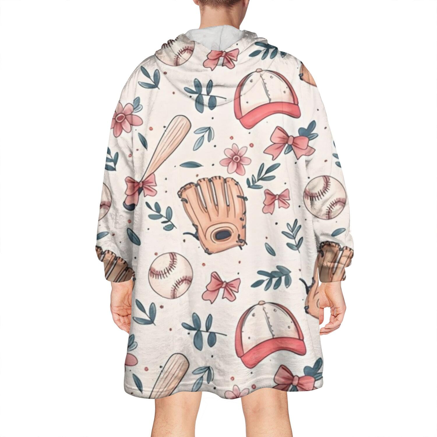 Pink and Blue Baseball Items Pattern Wearable Oversized Blanket,Wearable Blanket Hoodie for Adults,Cozy Hooded Blankets with Super Pockets,Super Warm Fuzzy Pullover for Women & Men