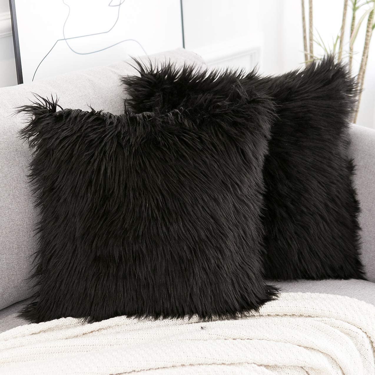 IGUOHAO Set of 2 Light Grey Decorative Pillow Covers New Luxury Series Merino Style Faux Fur Fluffy Throw Pillow Covers Square Fuzzy Cushion Case