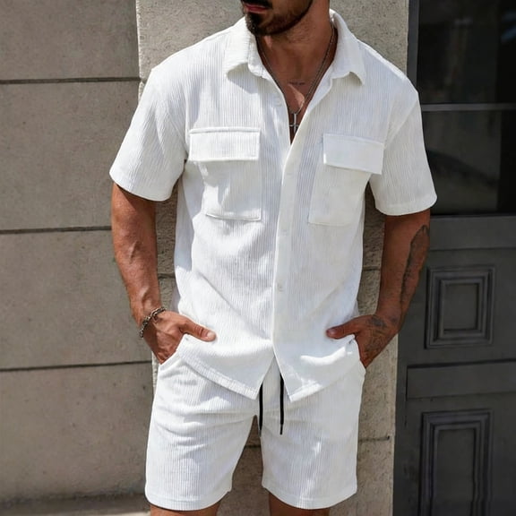 GSPCLAM 2 Piece Hawaii Outfits Sets for Men Solid Textured Crinkle Button Up Shirt with Pockets Lightweight Drawstring Shorts Suits for Poolside