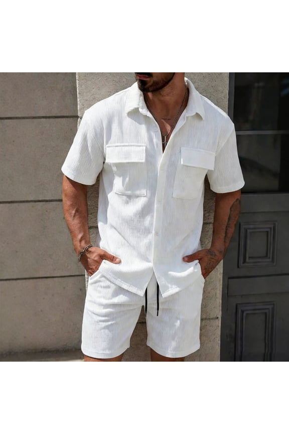 2 Piece Hawaii Outfits Sets for Men Solid Textured Crinkle Button Up Shirt with Pockets Lightweight Drawstring Shorts Suits for Poolside