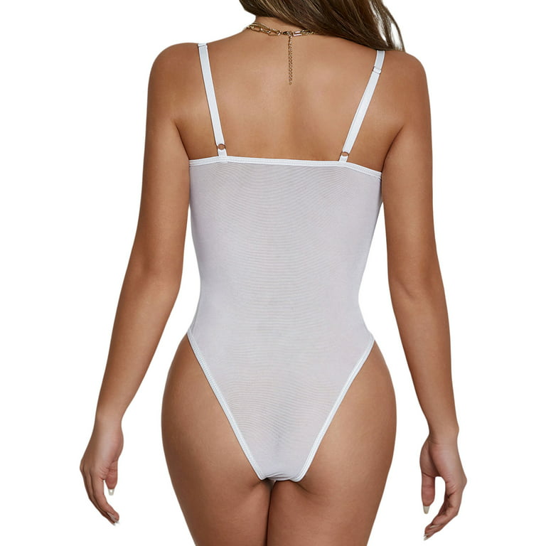 Sunisery Women Lace Bodysuit Long Short Sleeve V Neck Mesh Shorts Lingerie  Bodysuit Tops Slimming One Piece Body Suit White XS