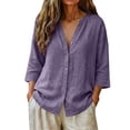 thumbnail image 5 of Only Moment Womens Tops 3/4 Sleeve V Neck Linen Dressy Casual Trendy Tee Spring Fall Summer Fashion Work Clothes Light Violet,L, 5 of 7