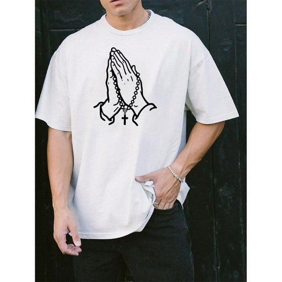 Tee T-Shirt Sacred Cotton Top Praying Hands Design Casual Comfortable Short Sleeve Crew Neck White S-5XL