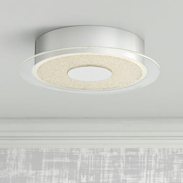 Possini Euro Design Modern Ceiling Light Flush Mount Fixture 11" Wide Chrome LED Round Crystal Sand Clear Acrylic Ring for Bedroom Kitchen Living Room