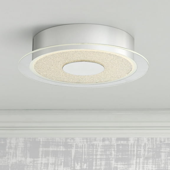 Possini Euro Design Modern Ceiling Light Flush Mount Fixture 11" Wide Chrome LED Round Crystal Sand Clear Acrylic Ring for Bedroom Kitchen Living Room