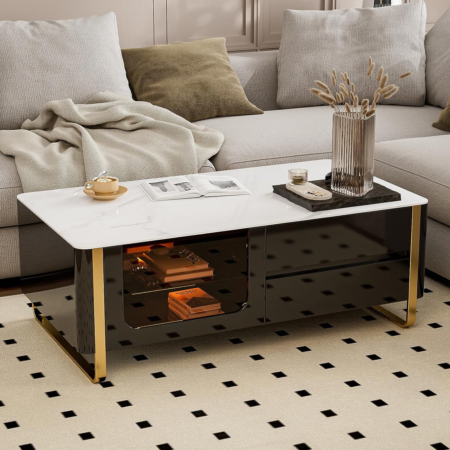 IKIFLY Modern LED Coffee Table with Glass Doors, Black Slate Rectangle