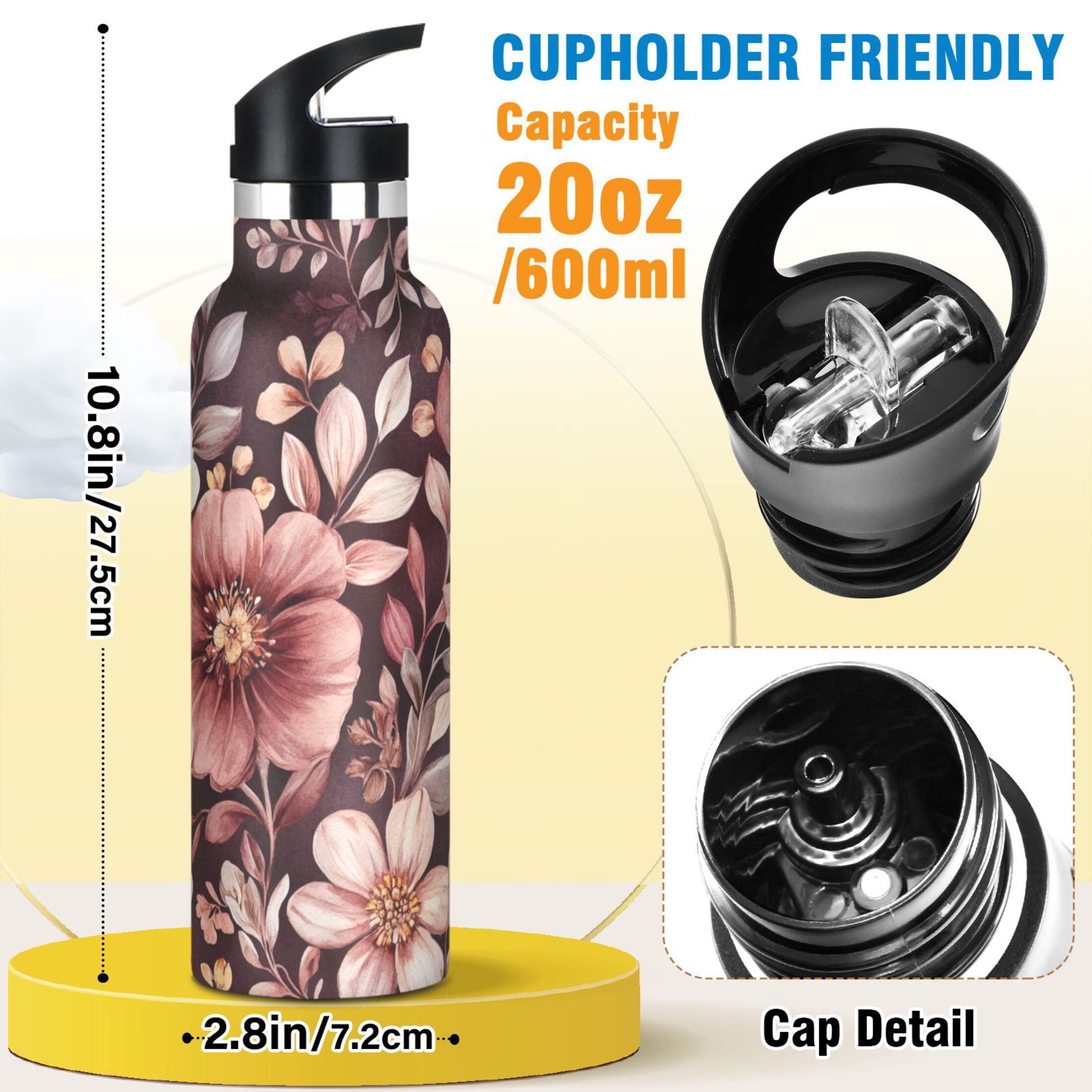 600ML Stainless Steel Insulated Cup Sports Water Bottle Portable Thermos Cup Water Glasses Insulated Tumblers Convenient and Durable Vibrant Maroon Flowers