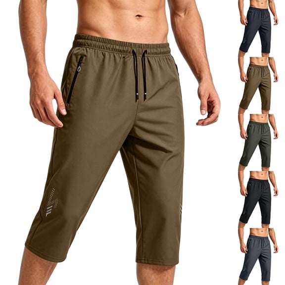 Hvogkswy Mens Capri Pants Solid Color Elastic Waist Drawstring Below Knee Trousers with Pockets Loose Breathable Straight Summer Big&Tall Casual Pants, XL-5XL