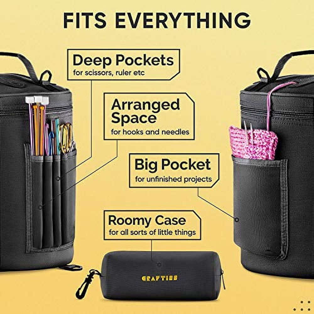 Craftiss Yarn Storage Bag - Black Tote Yarn Bag, Durable Knitting and Crochet Organizer with Needle Case