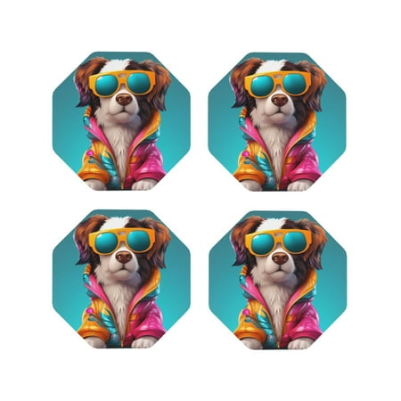 

Tideii Colorful Sunglasses Dog for Leather Coasters 4 Pieces Anti-fouling and Anti-scalding Decorative Coasters Suitable for Restaurants Kitchens Coffee Shops-Octagon