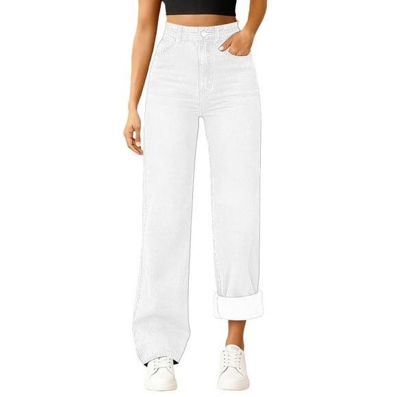 Breezora Womens Straight Leg Jeans with Internal Warm Lining High Waist Comfort Fit Stretchable Denim Trousers for Everyday Wear XL Size White