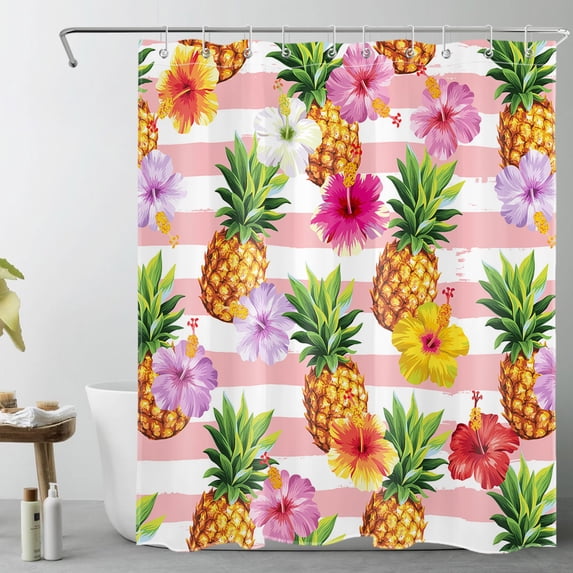 HVEST Yellow Pineapple Shower Curtain for Bathroom,Tropical Fruit Green Leaf and Colorful Floral Plant Fabric Shower Curtain with Hooks,Pink and White Striped Bathroom Curtain Shower Set, 60x72 inches