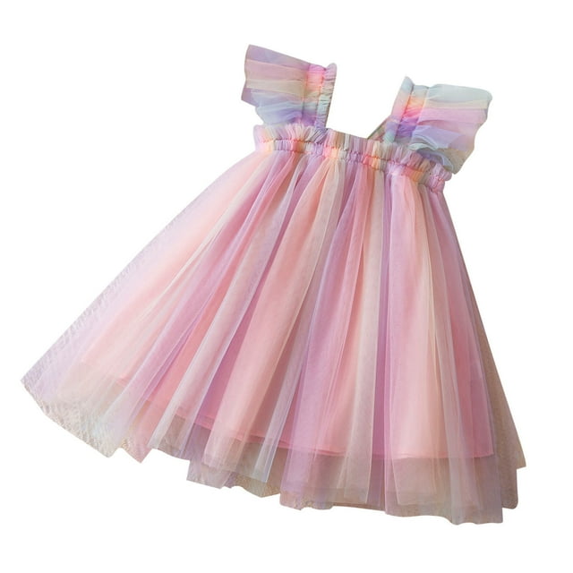 Huvoen Robe d'Été Sans Manches pour Filles, Nouvelle Robe à Volants en Dentelle, Col Rond, Broderie en Tulle, Jupe Princesse avec Nœud, Rose, 1 An