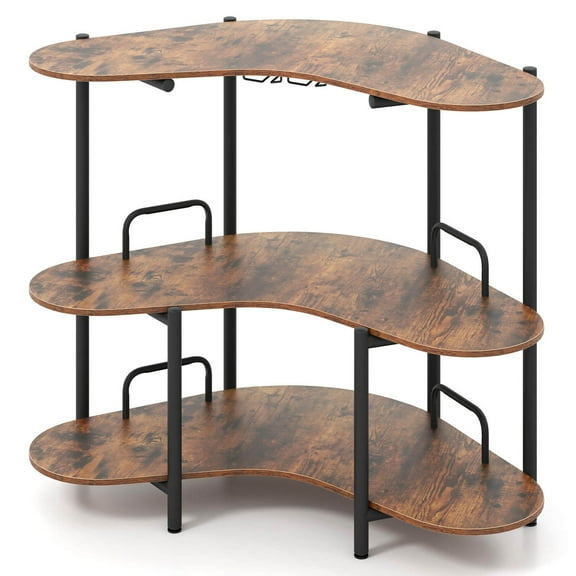 Costway 3-Tier Home Bar Unit with Stemware Racks & Storage Shelves with Metal Frame Brown