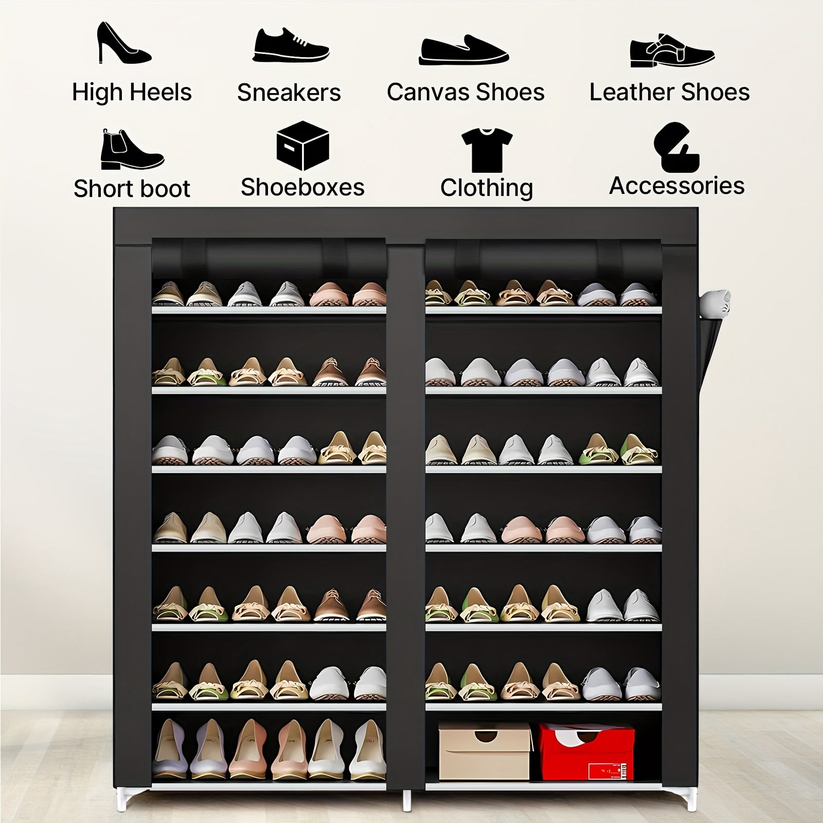 Double Row 7-Tier Shoe Rack with Dust Cover, Space-Saving Large Capacity Shoe Storage Cabinet, Easy Assemble Portable Organizer for Entryway, Home, Dorm