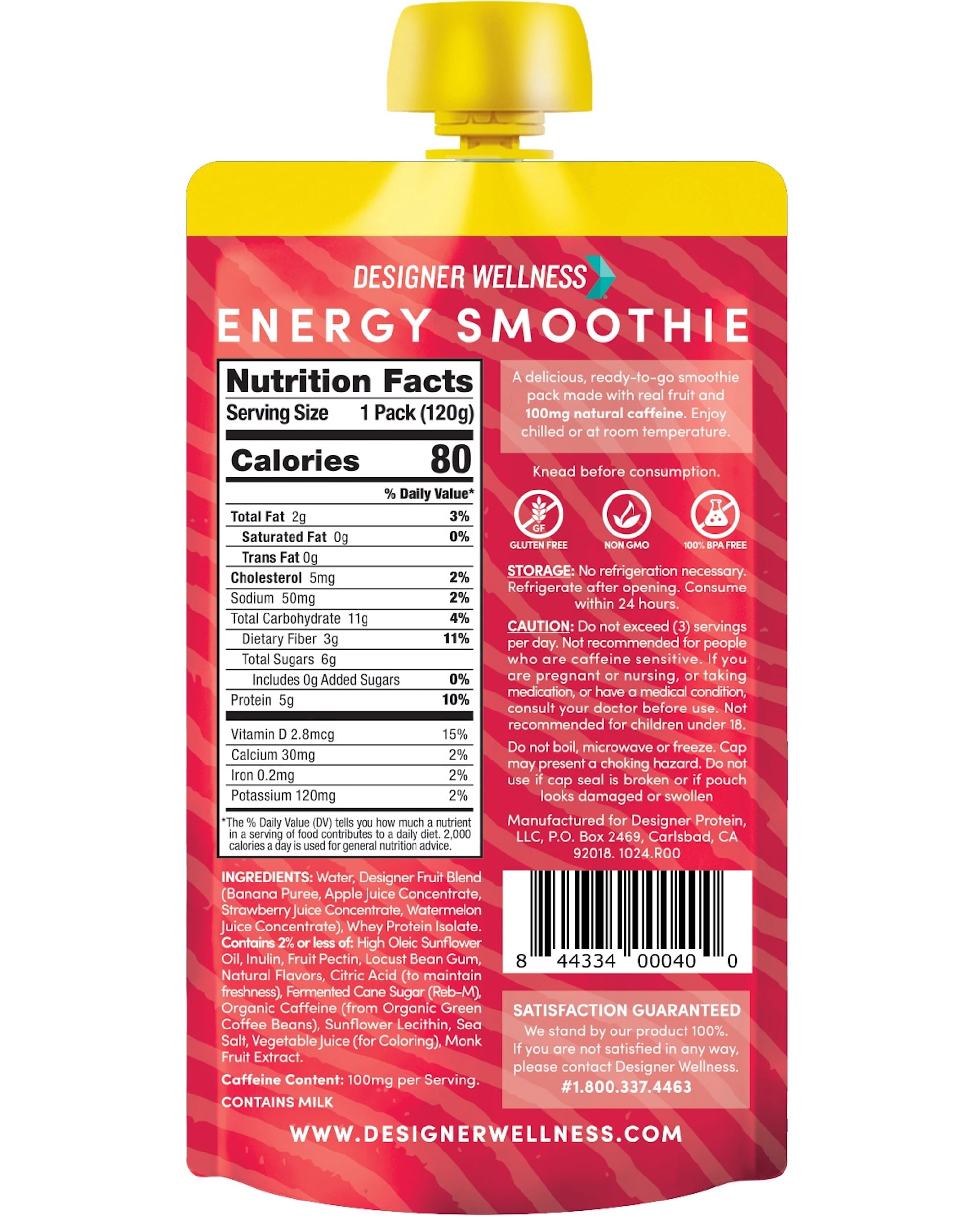 Designer Wellness Energy Smoothie, Real Fruit, 100mg Natural Caffeine, 5g Protein, Low Carb, Zero Added Sugar, Gluten-Free, Stawberry Watermelon, 12 Count