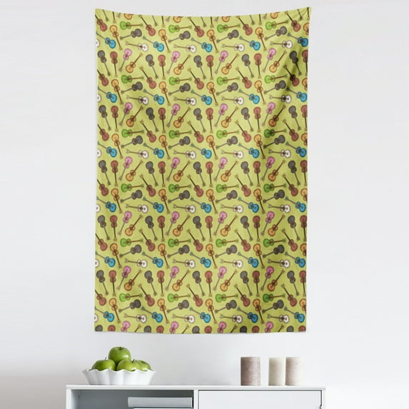 Guitar Tapestry, Wooden Acoustic Guitar in Colorful Design and Sketch Art Style Swirled Strings, Fabric Wall Hanging Decor for Bedroom Living Room Dorm, 5 Sizes, Multicolor, by Ambesonne