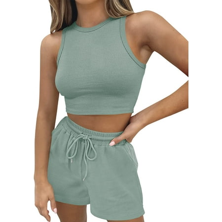 

QWZNDZGR Women s Waffle Knit Sleeveless Crop Top and Shorts Pullover Tracksuits Sweatsuits Lounge Pajama Set with Pockets