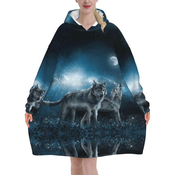 Wolf In The Moonlight Print Blanket Hoodie Oversized Wearable Hooded Blanket Warm Throw Blanket Sweatshirt For Women Men Teens