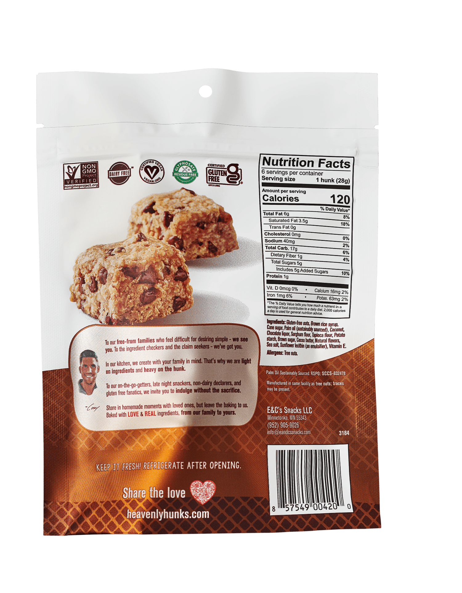 (6 pack) E & C's Snacks Heavenly Hunks, Gluten-Free, Vegan Baked Oatmeal Chocolate Chip Cookie, 6 oz, 6 Count