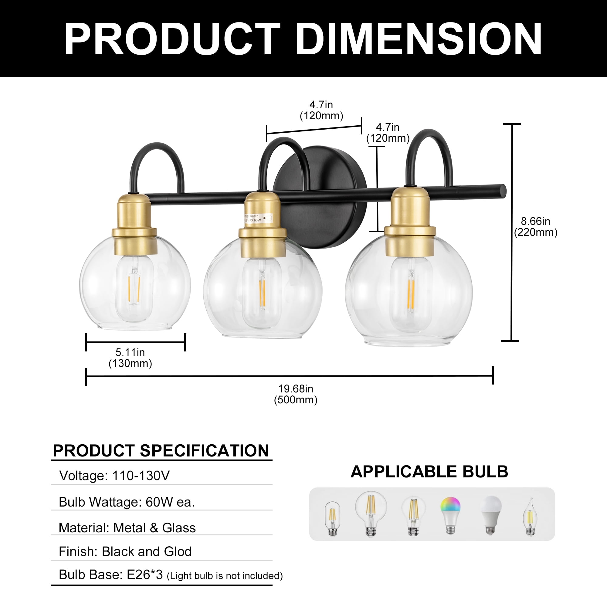 YANSUN  19.68 in 3-Light Matte Black and Gold Industrial 3-Light Bathroom Vanity Light with Clear Glass Globe Shades, for Bathroom, Powder Room, Vanity Table