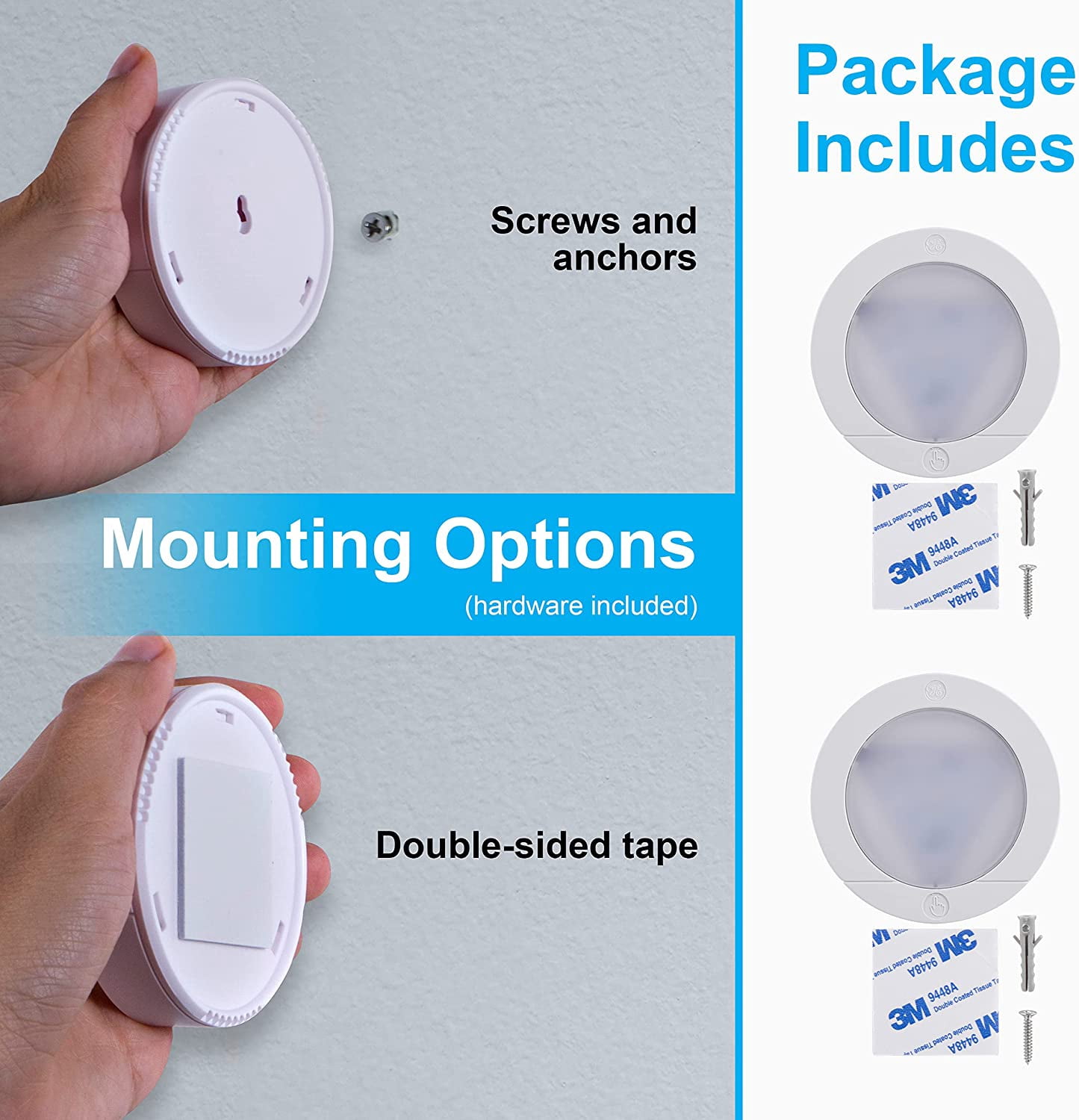 RGHJAR-GE Wireless LED Puck Lights, Battery Operated, 20 Lumens, Touch Light, Tap Light, Stick On Lights, Under Cabinet Lighting, Ideal for Kitchen Cabinets, Closets, Garage and More, 4 Pack, 45997