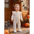 thumbnail image 4 of RUINIXCW Newborn Baby Girl Halloween Outfit Infant Baby Girl Fall Winter Clothes Waffled Romper Pumpkin Ghost Embroidery Ruffled Long Sleeve Zipper Jumpsuits Headband Set, 4 of 9