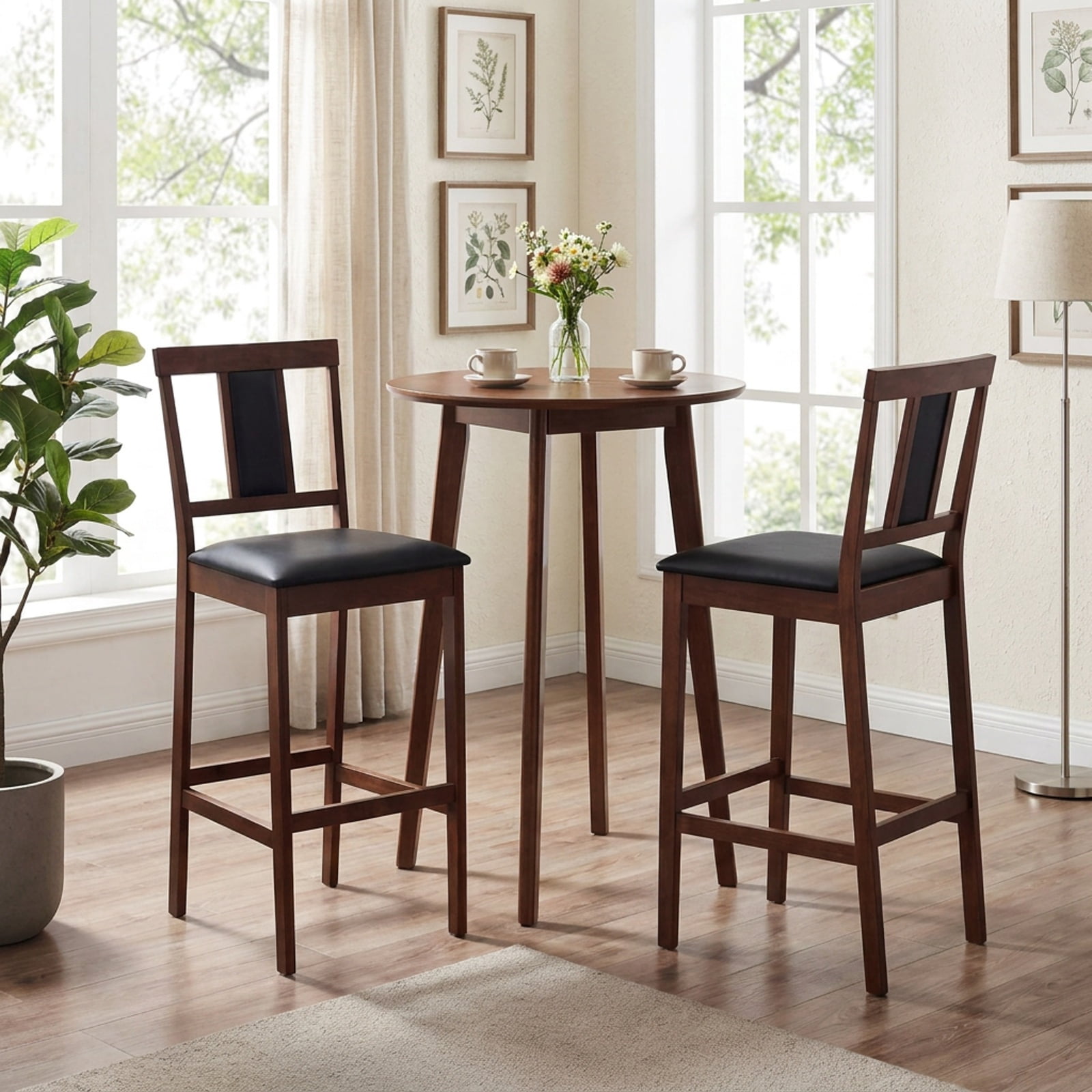 Furnibear Set of 2 Upholstered Barstool 29.5 Inch Bar Height with Solid Rubber Wood Frame for Kitchen Island Counter Bar Pub Dining Home, Walnut