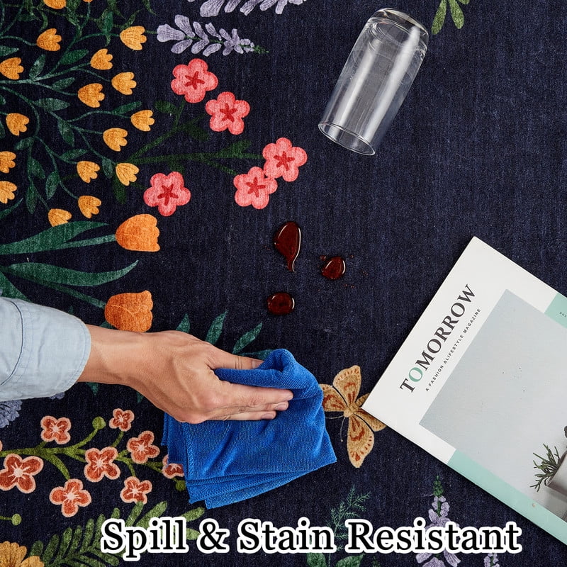 Washable 10x13 Area Rugs, Large Living Room Rug, Non-Slip Soft Floral Rugs for Bedroom, Botanical Area Rug Carpet for Dining Room Guest Room (Blue,10'x13')