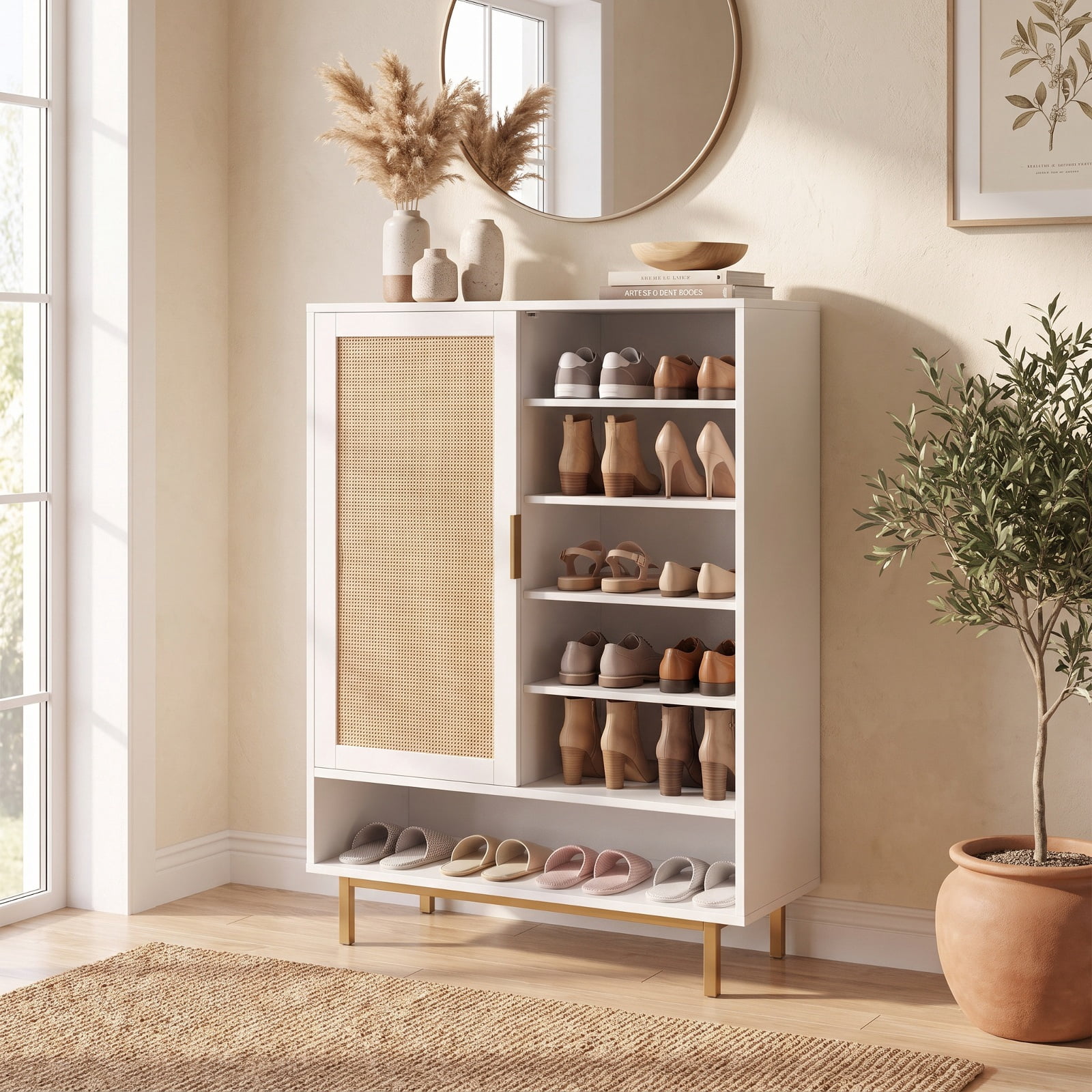 Furnibear 43 Inch Tall 6 Tier Shoe Cabinet with Double Doors and Adjustable Shelves for Entryway Living Room and Closet, White