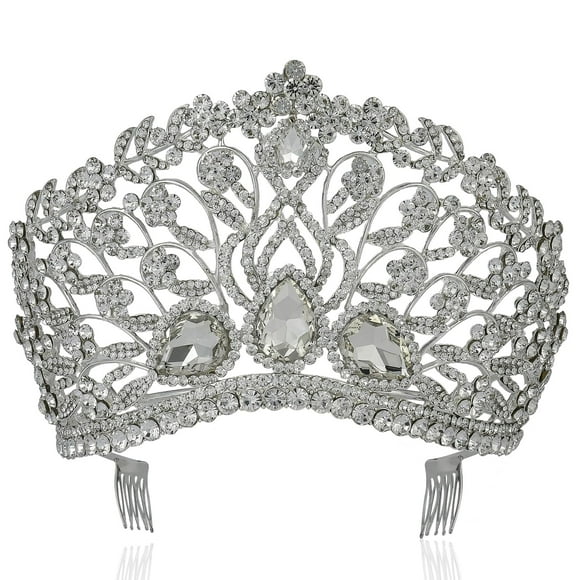 Janefashions Tiara grande floral transparente de cristal austriaco con diamantes de imitación, corona con peine para el pelo, diadema, velo, tocado, reina de belleza, princesa, concurso de teatro, esp