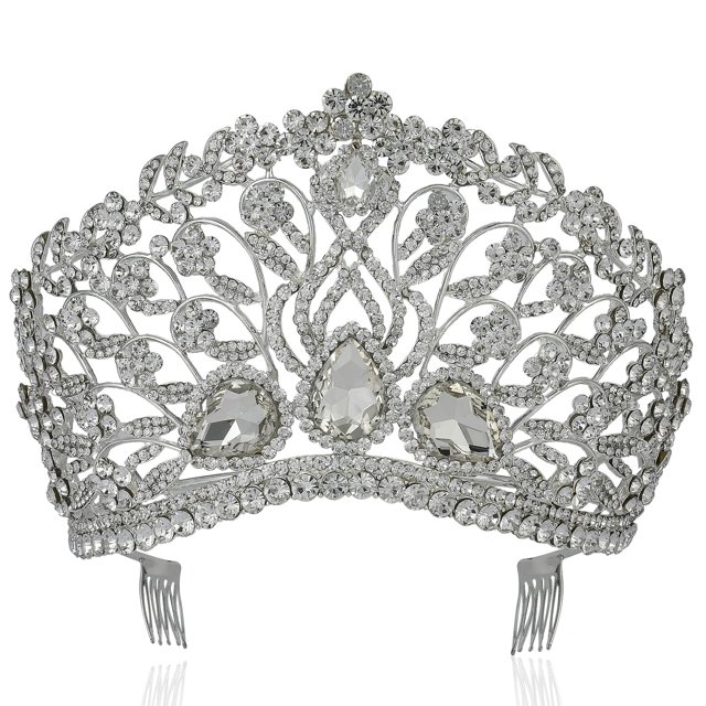 Janefashions Tiara grande floral transparente de cristal austriaco con diamantes de imitación, corona con peine para el pelo, diadema, velo, tocado, reina de belleza, princesa, concurso de teatro, esp