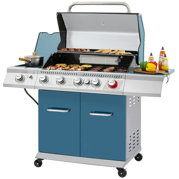 Royal Gourmet GA5403B 5-Burner BBQ Cabinet Style Gas Grill,Sear Burner, Rear Burner and Side Burner,Blue