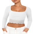 thumbnail image 3 of Womens Ribbed Long Sleeve Crop Tops T Shirts Lace Trim Sweetheart Basic Fitted Tees, 3 of 7