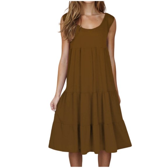 Kukoosong Women's Sleeveless Midi Dress, Scoop Neck Tiered Ruffle Flowy Dress, Loose Fit Casual Summer Beach Sundress