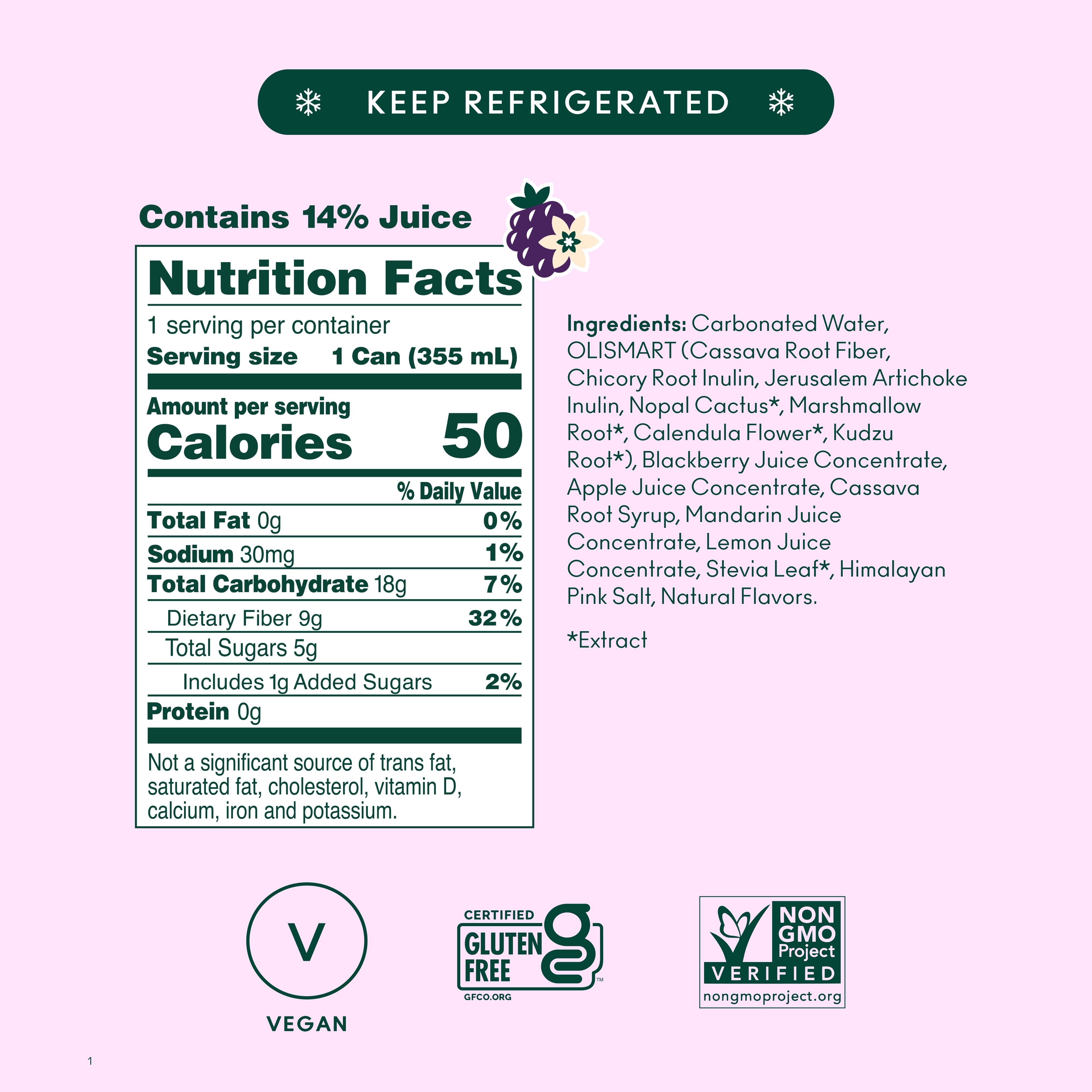 Olipop Prebiotic Soda Pop, Blackberry Vanilla, High Fiber, 12 fl oz 12 Pack