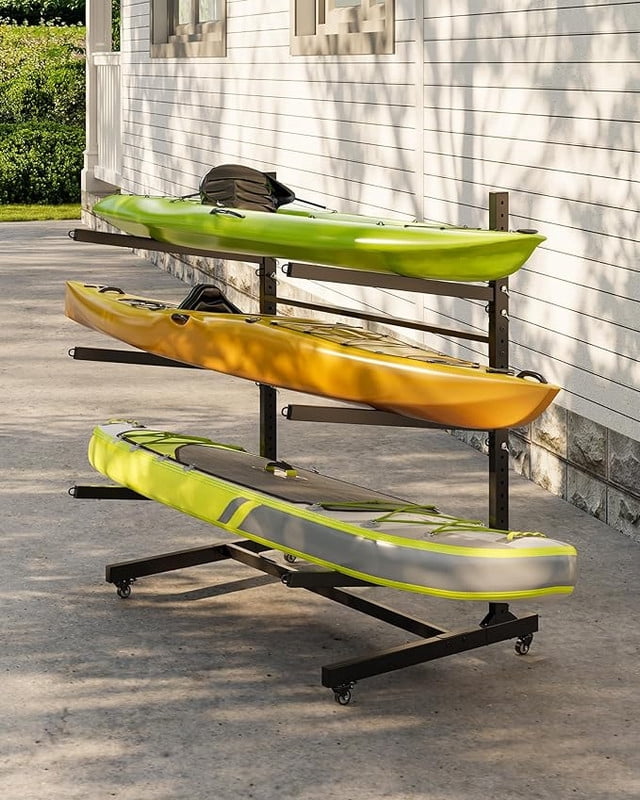 Kayak Storage Rack for 2-6 Kayaks Freestanding Kayak Rack for Outdoor Storage with Movable Wheels, Heavy-Duty Steel Kayak Hanger Holder with Hanging Straps