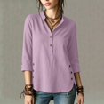 thumbnail image 2 of ClodeEU Women's Linen 3/4 Sleeve Crewneck Button Shirt with Side Slit,Solid Color Casual Summer Top Pink,Women's Plus S, 2 of 9