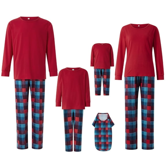 Family Matching Christmas Pajamas Sets Red Long Sleeve Tops   Plaid Pants or One-piece Outfit for Dog