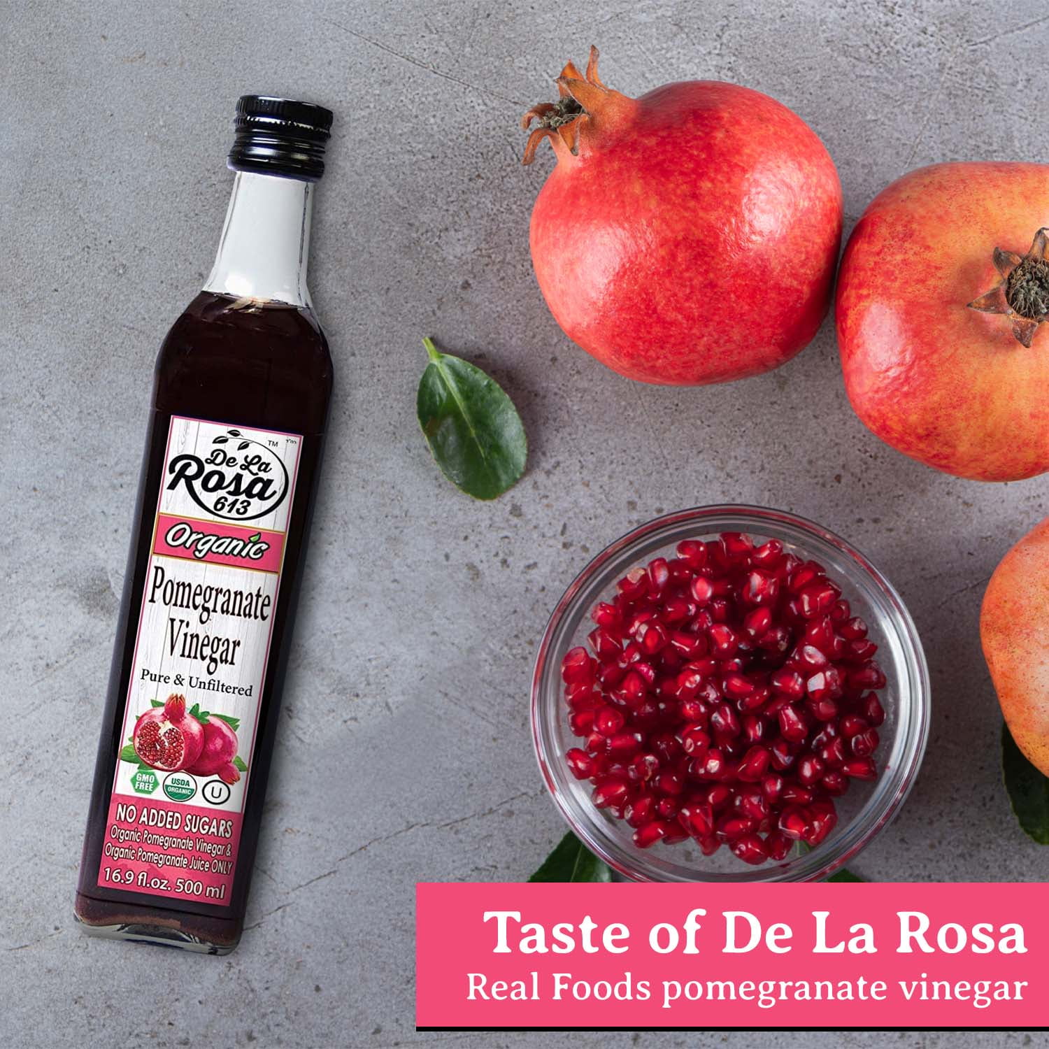 De La Rosa Organic Pomegranate Vinegar, Pure & Unfiltered, Vegan, 16.9 oz (pack of 2)