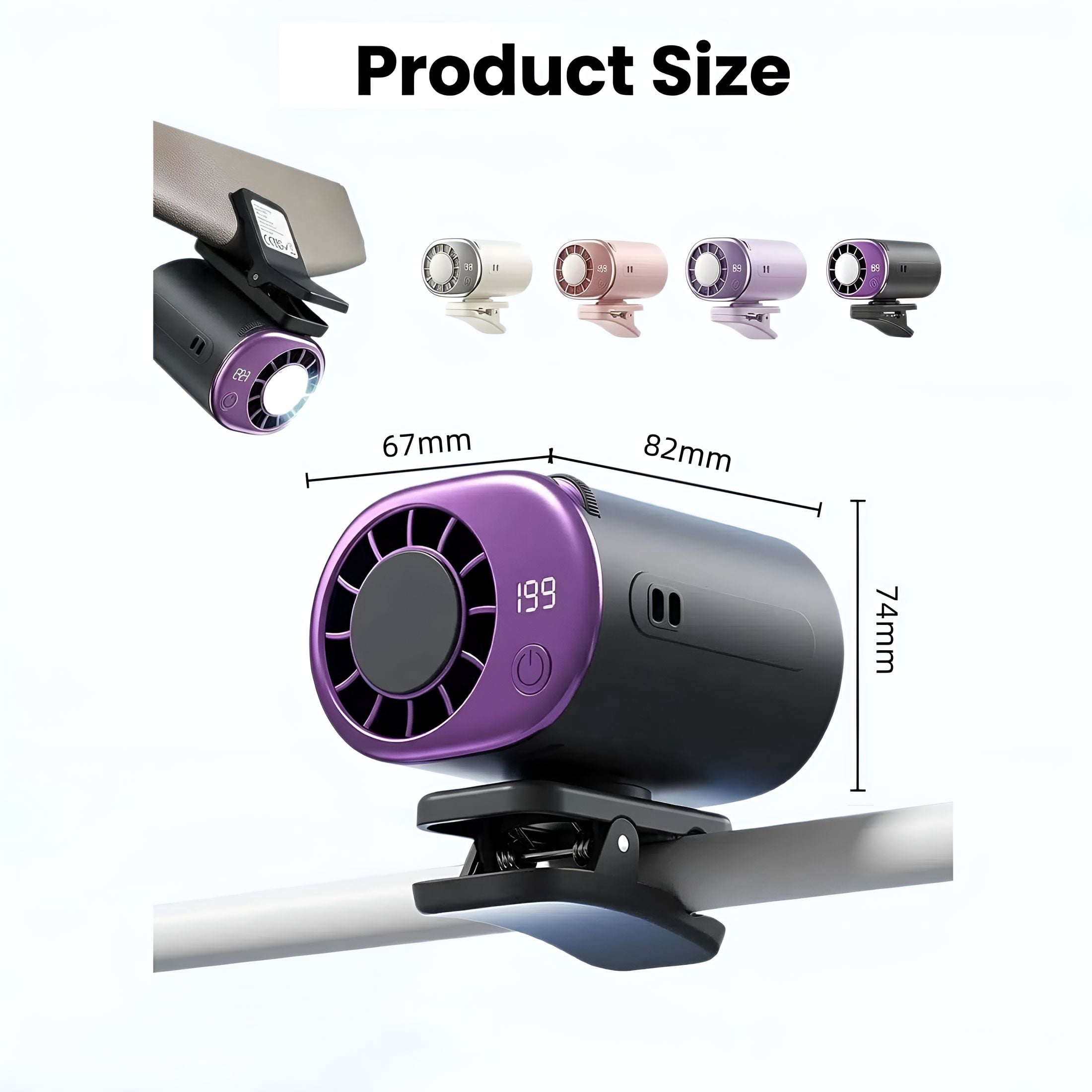 HIBIBUD Clip on Car Air Conditioner Fan with Led Display,Usb Rechargeable Portable Mini Fan,360° Rotation 199 Speed Adjustable Personal Cooling Fan for Office Beach Camping (Black)