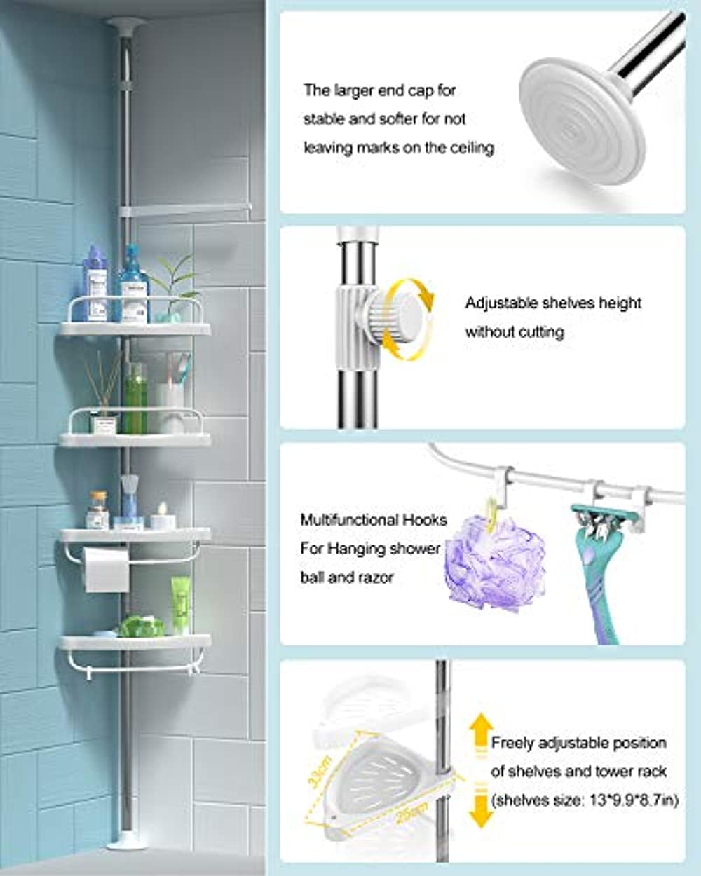  ADOVEL Shower Caddy Hanging, 2 in 1 Shower Caddy Over Shower  Head/Door, Sturdy Bathroom Shelf Organizer with Adjustable Height, No Rust,  No Drilling, 4 Suction Cups for Bathroom Storage (Black) 