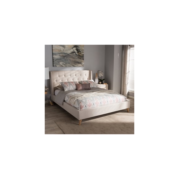 King Size Platform Bed - Light Beige Upholstered Winged Headboard - Foam Filled - Modern Bedroom Furniture