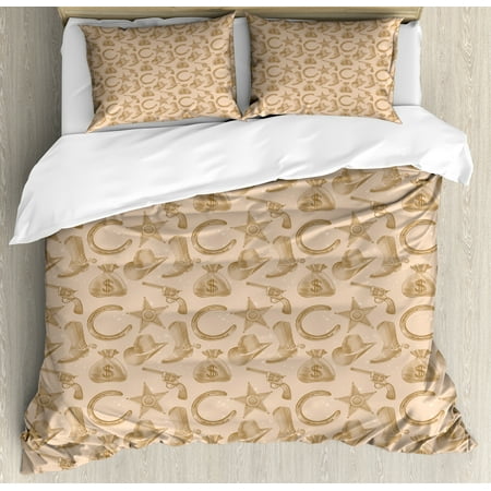 Western Duvet Cover Set, Engraving Style Star Boot and Money Revolver Line Pattern Worn Out Dotted Backdrop, Decorative Bedding Set with Pillow Shams, Tan Brown, by (Best 22 Revolver For The Money)