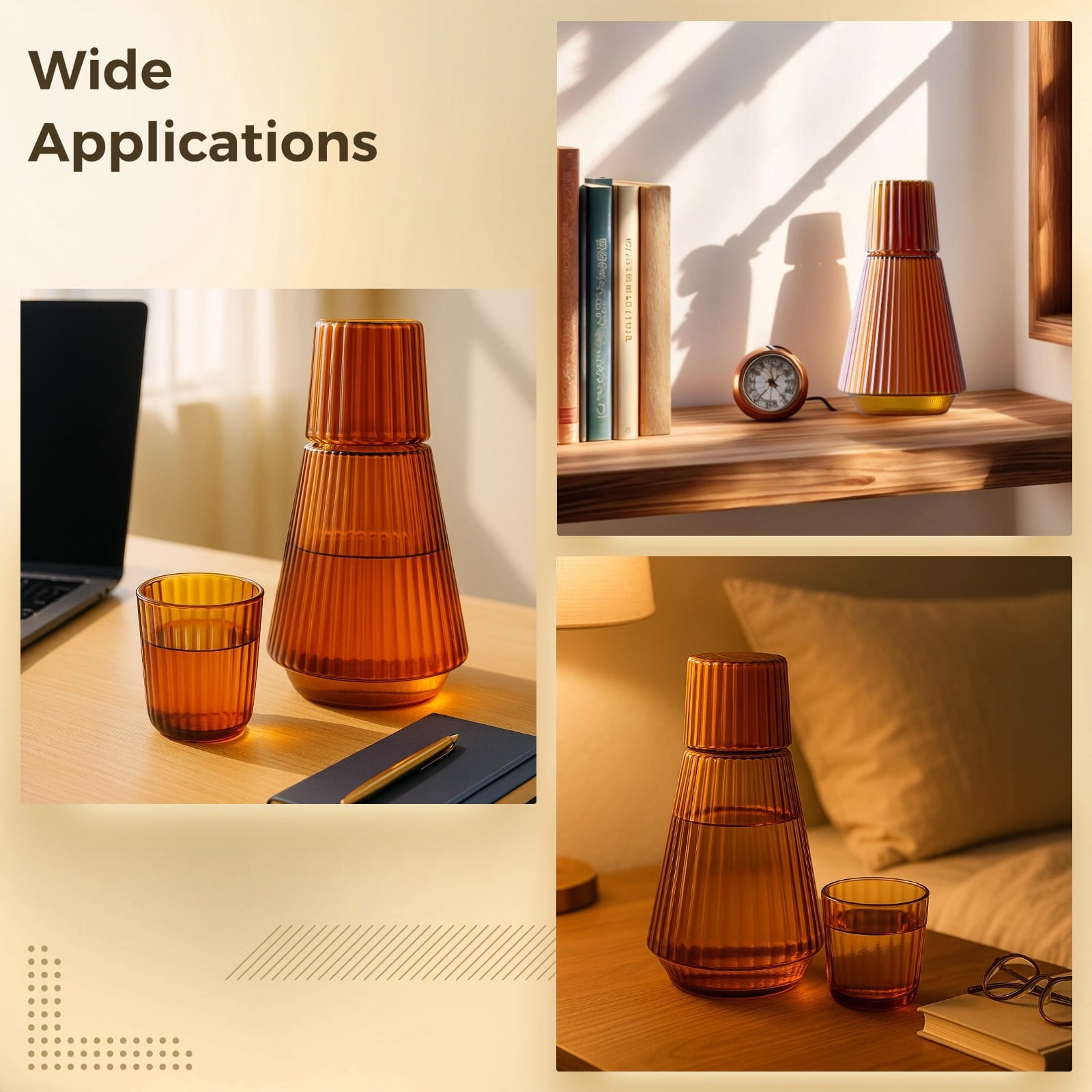 Amber Glass Water Carafe Set with 150 ml Cup, Heat-Resistant Glass Pitcher for Bedside, 1000 ml Capacity with Geometric Design, Ideal for Nightstand Use, Elegant Home Decor Gift Set