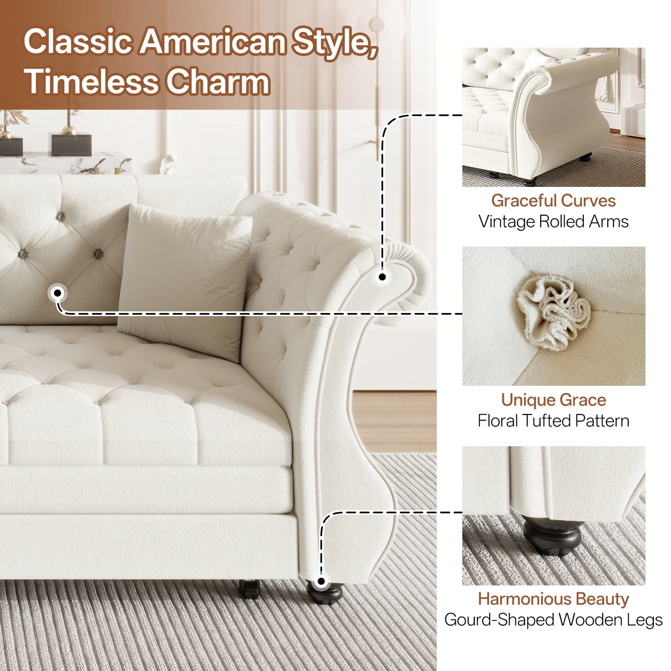 Noble House Wesley Oversized Velvet Chesterfield Pull Out Sofa Bed, Flower Tufted Roll Arm Sleeper Couch, Beige White