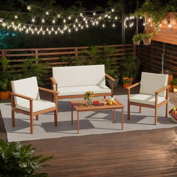 YYAo Patio Seating Sets,Outdoor Conversation Sets,4 Pieces Patio Furniture Set Acacia Wood Porch Chairs with Table-White