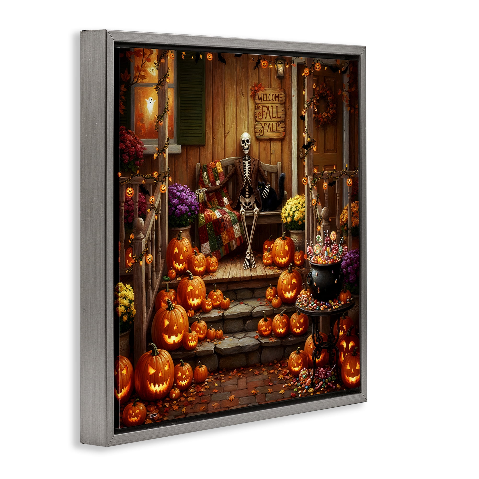 Stupell Industries Welcome To Fall Skeleton Porch Gray Framed Floater Canvas Wall Art, design by Tabz Jones